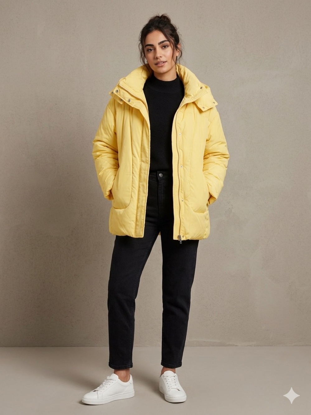 Women's Bright Yellow Puffer Jacket with High Collar